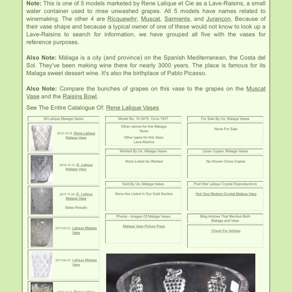 Rene Lalique Malaga Grape Vase Signed Antique - Picture 6 of 6